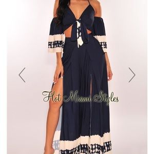 Navy 2 Piece Flare/ high slit pant